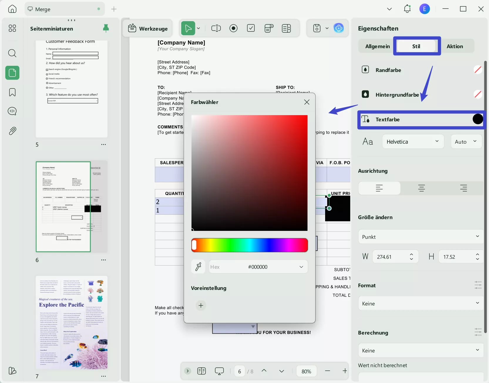 Textfarbe des PDF-Formulars ändern