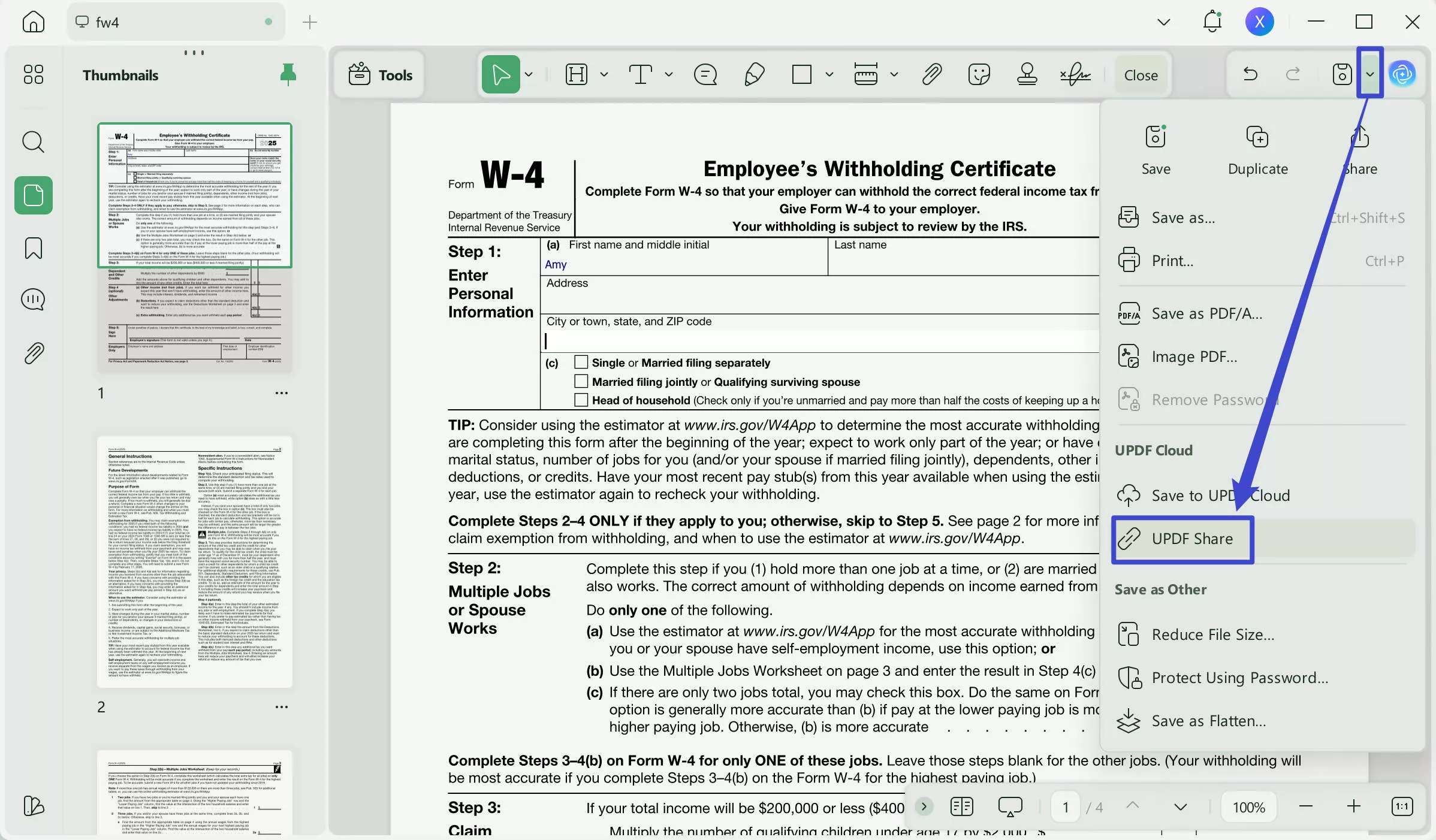 send the w4 file via email with updf