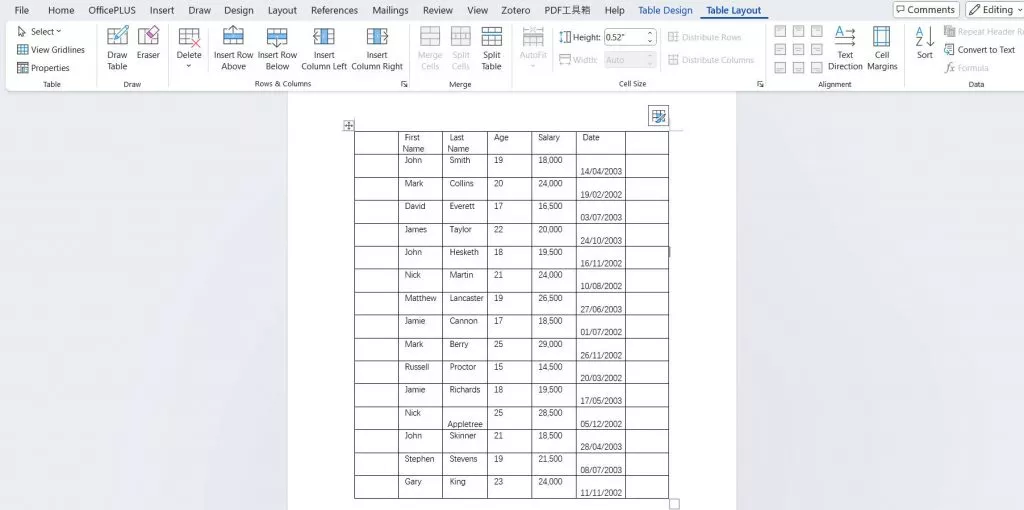 table in word