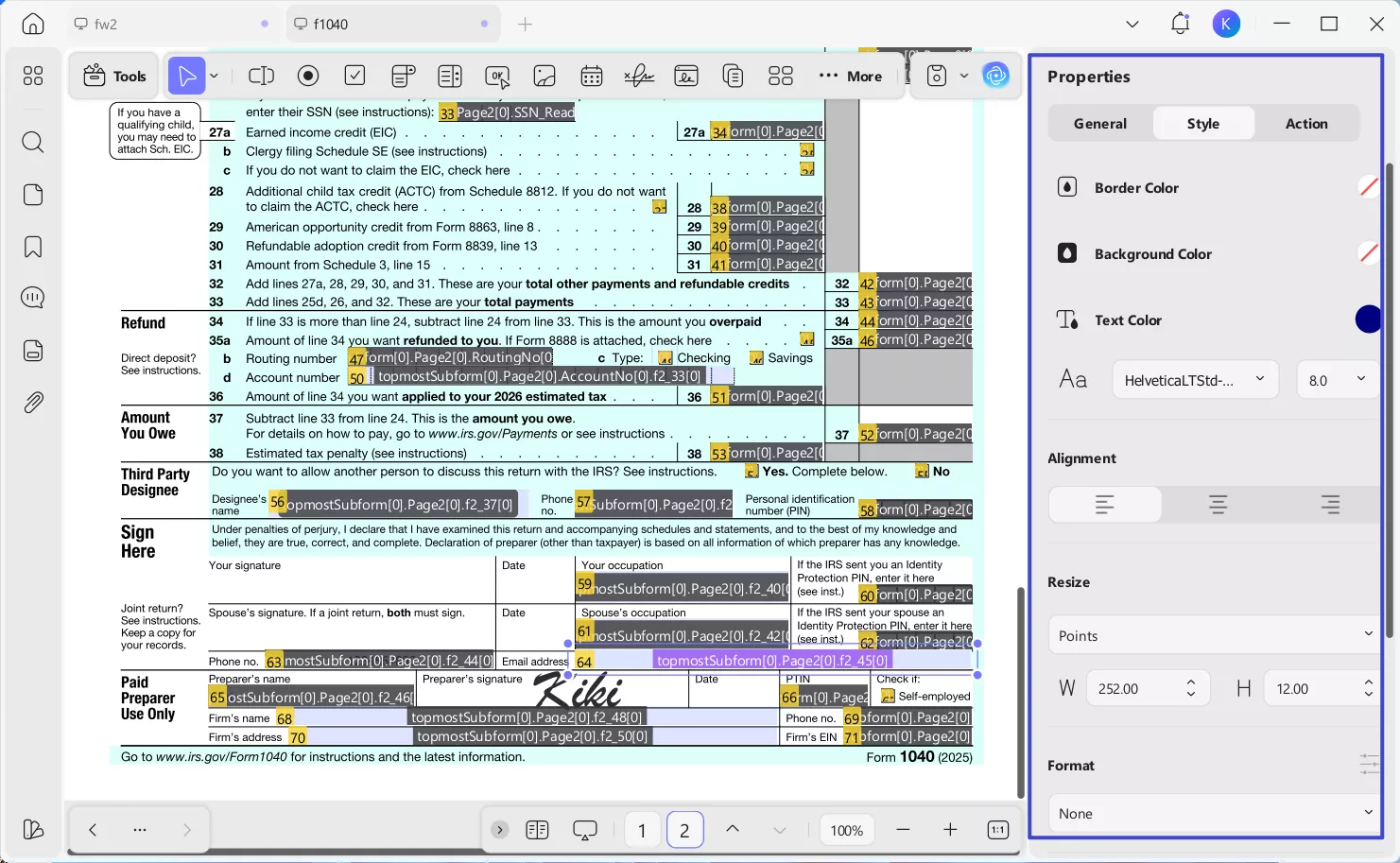 customize form 1040 properties