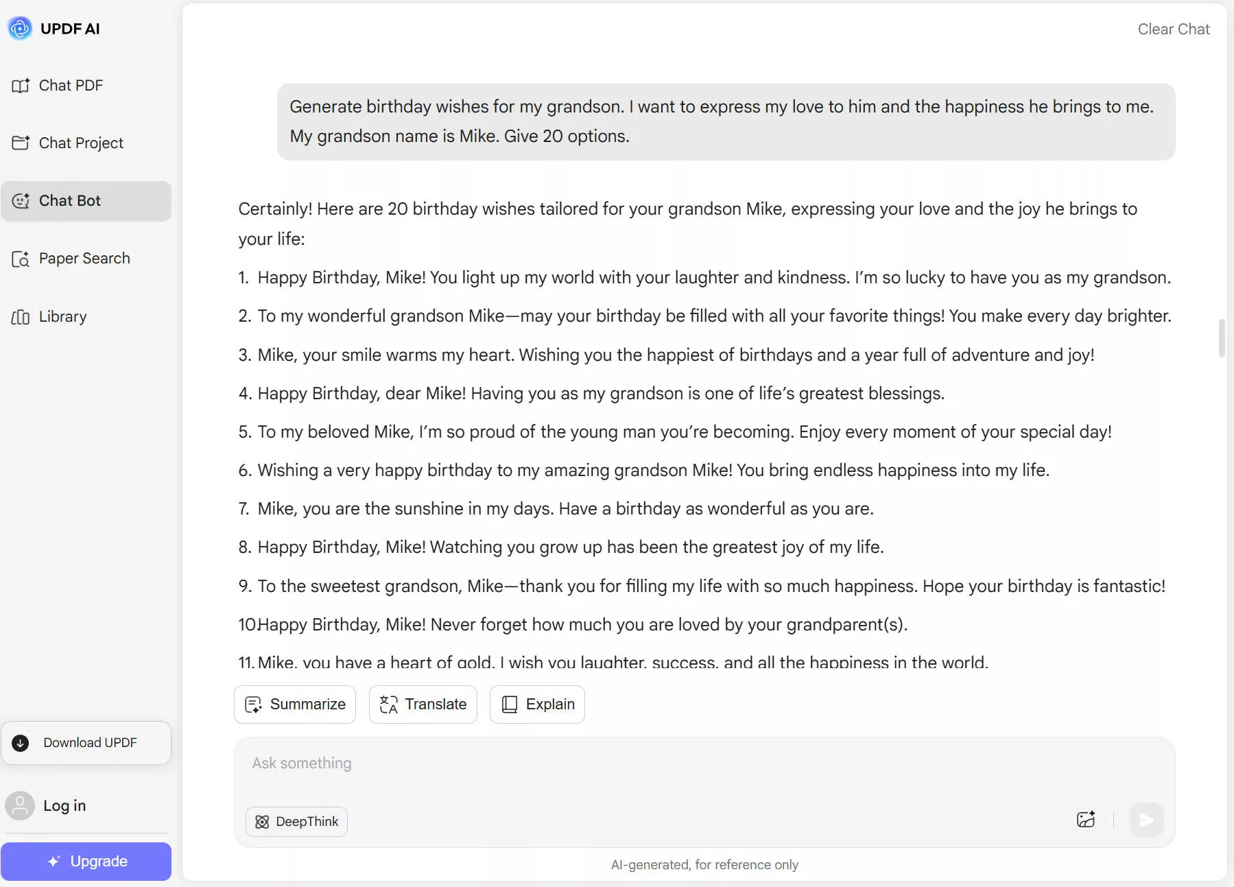 generated birthday wishes updf ai online