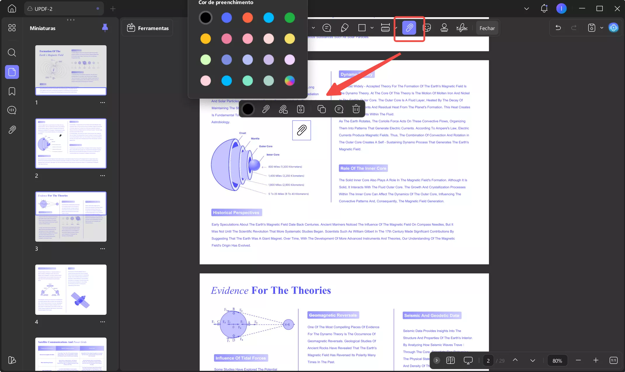 Opções do anexo adicionado