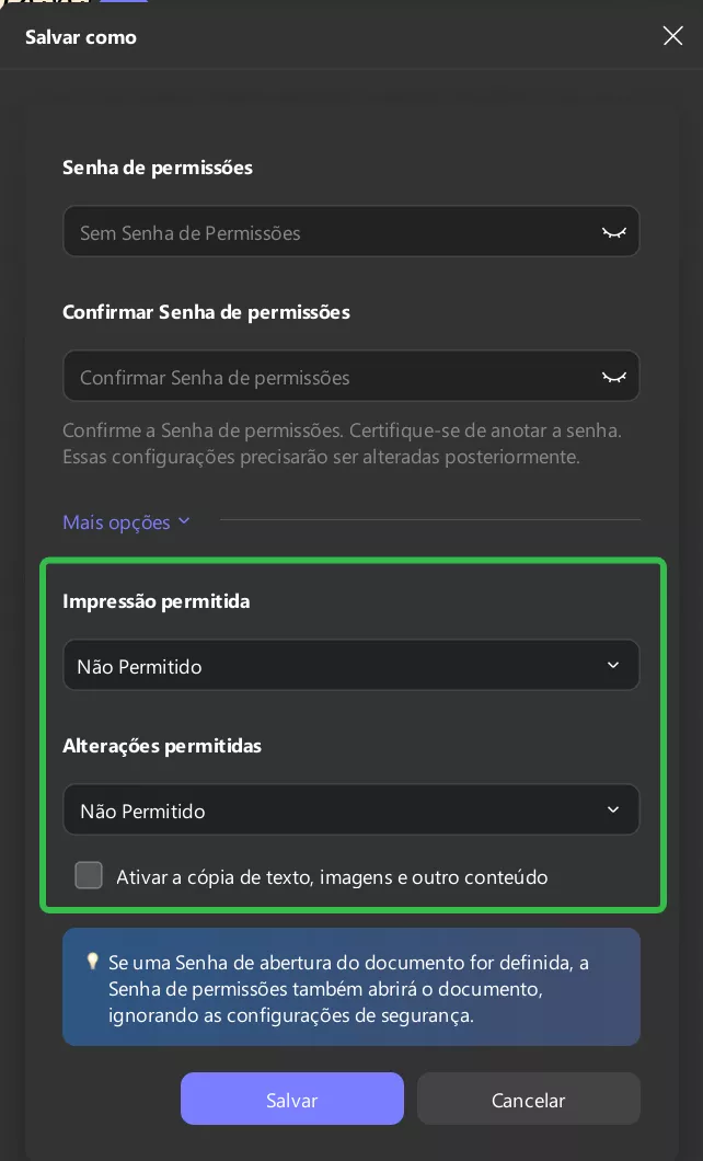 impressão permitida e alterações permitidas
