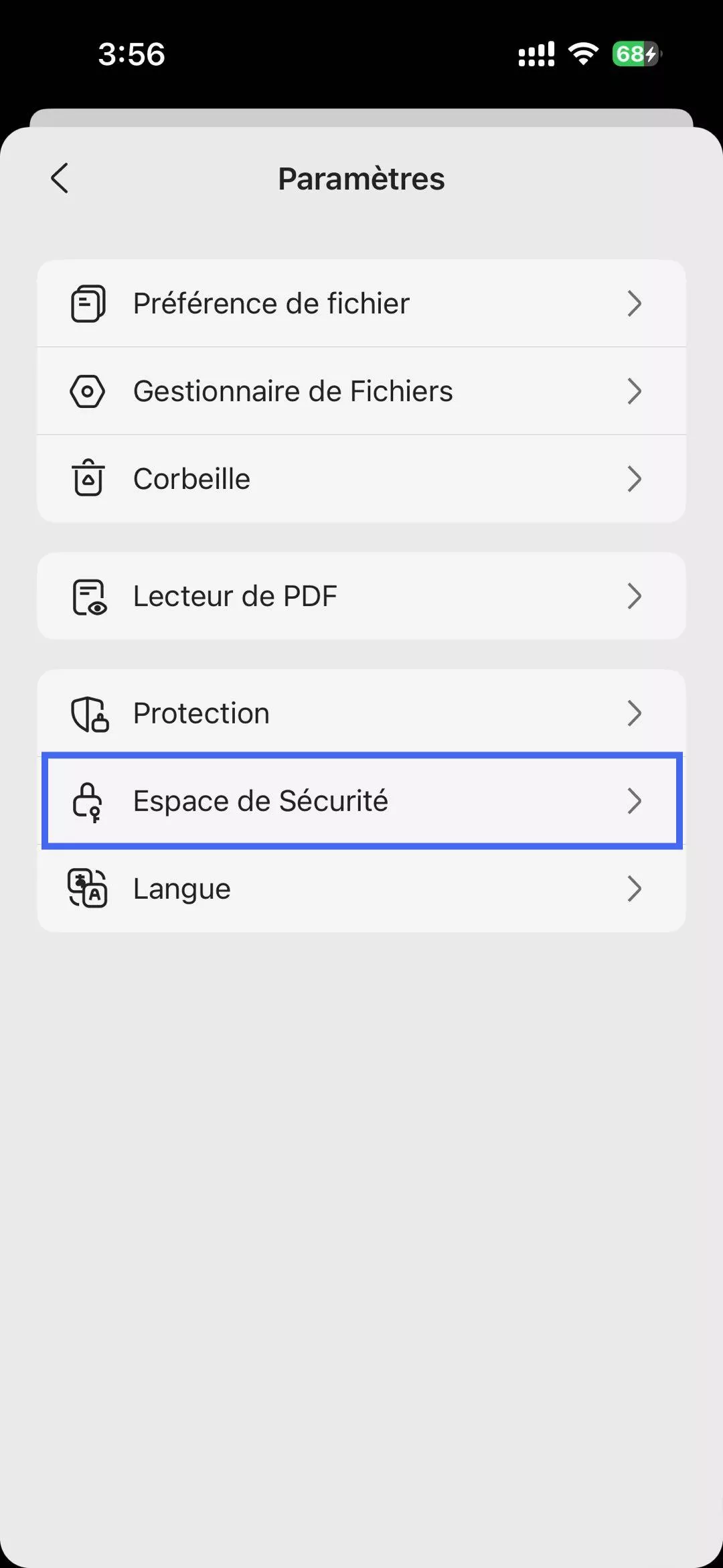 appuyez sur l'icône de l'espace de sécurité