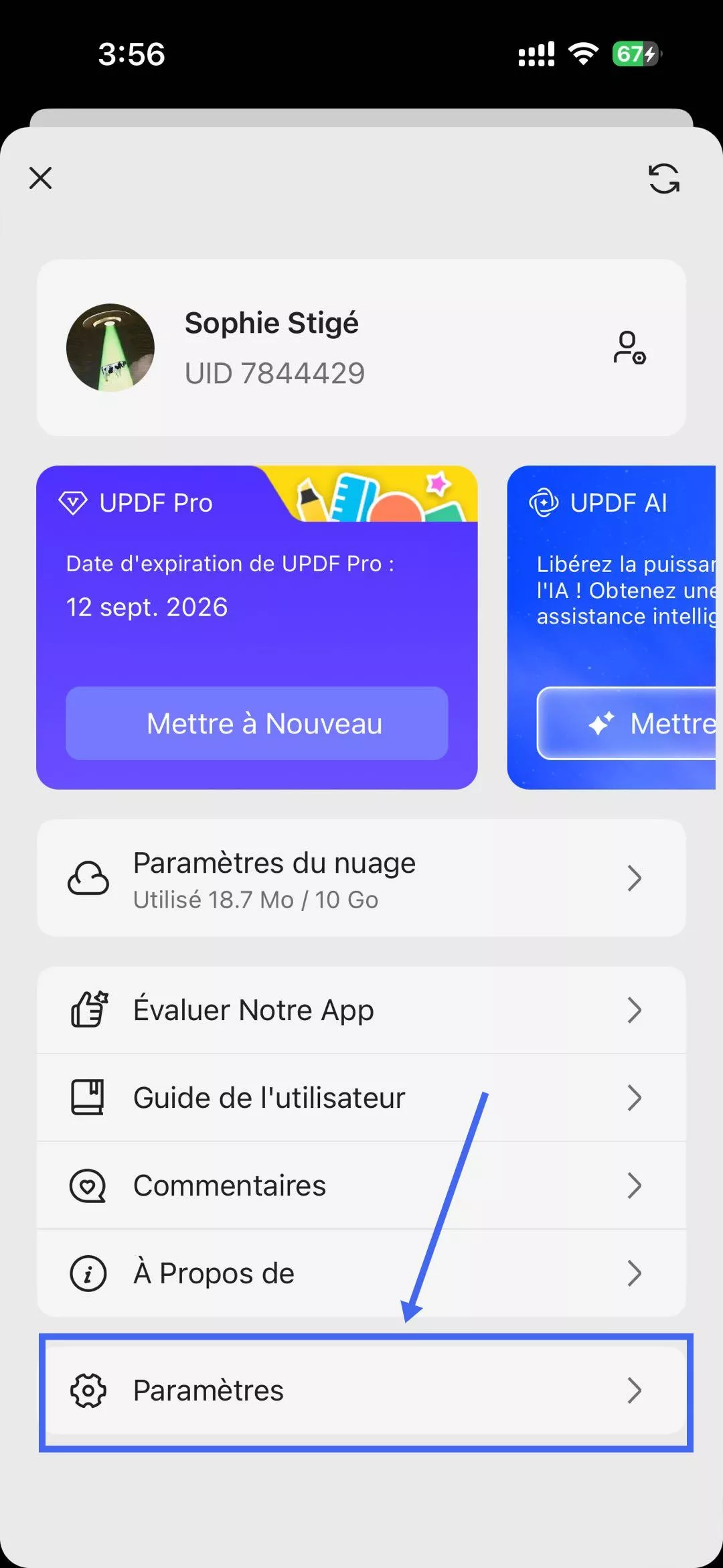 Appuyez sur l'icône de profil et choisissez paramètres