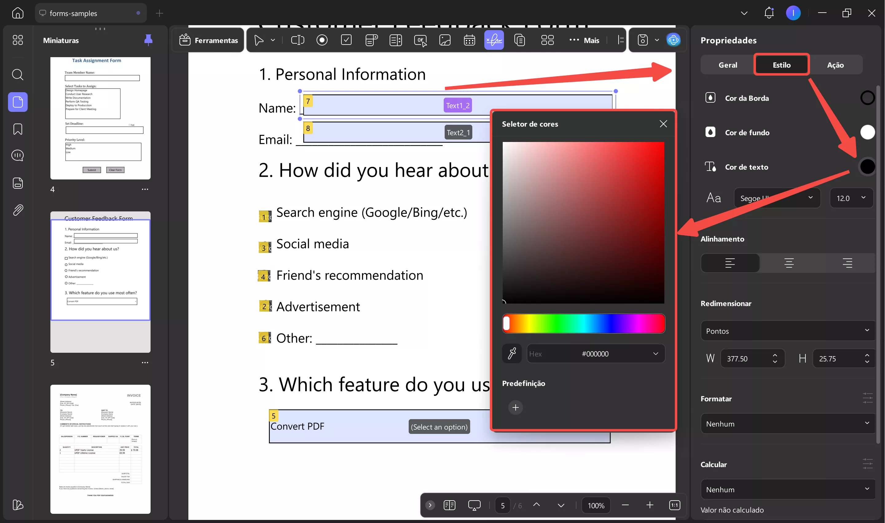 propriedades - estilo - cor de texto
