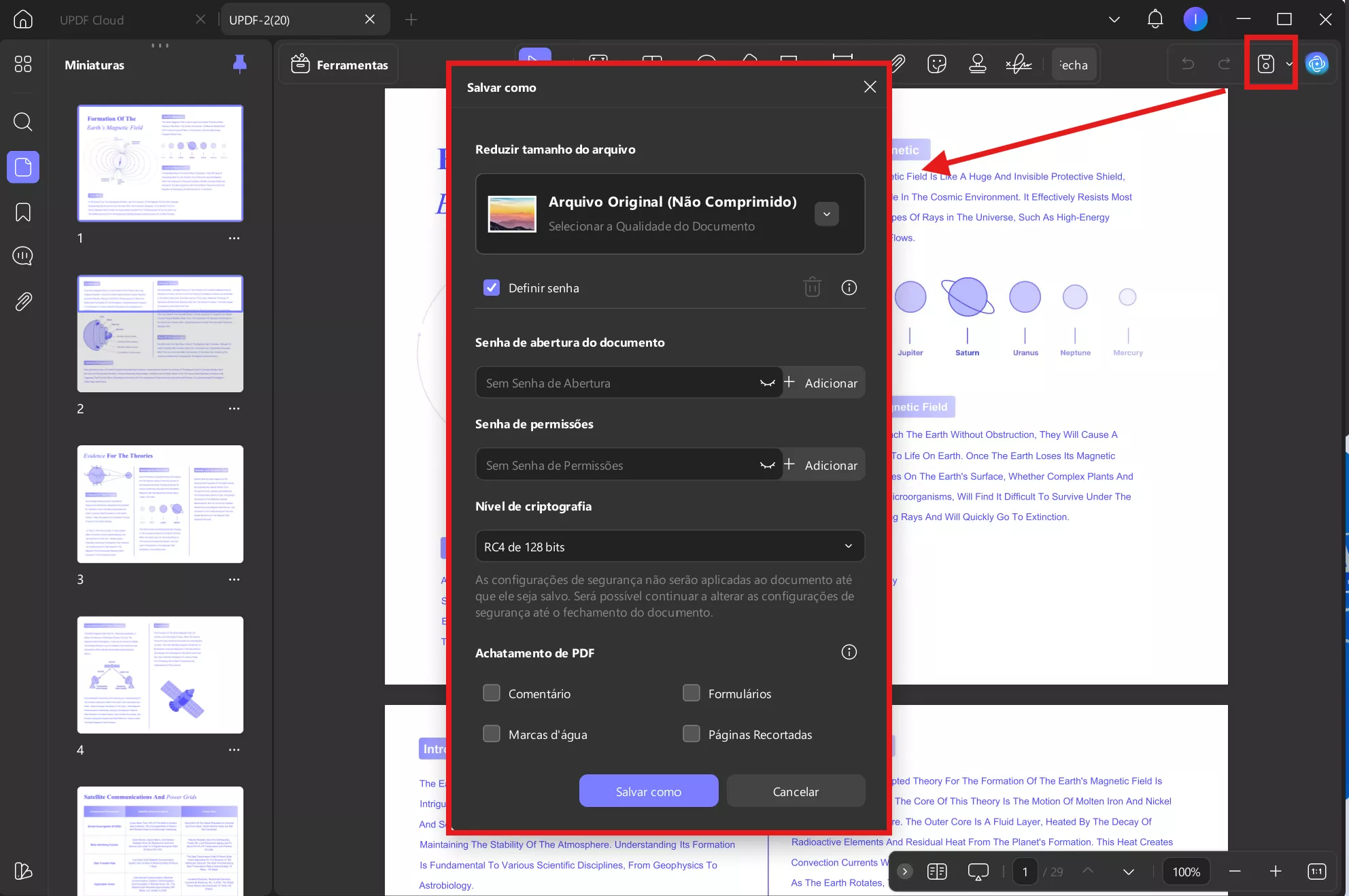 selecione a opção permissões