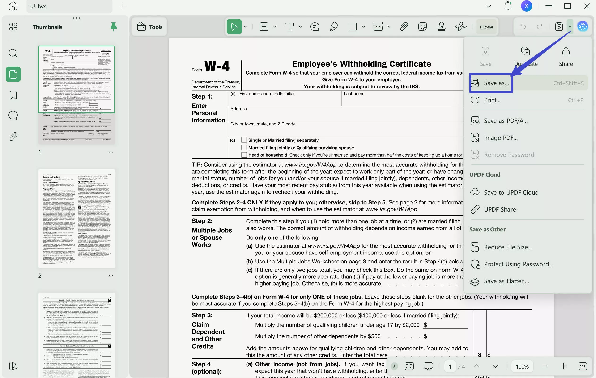 how to save fillable pdf as read only with updf