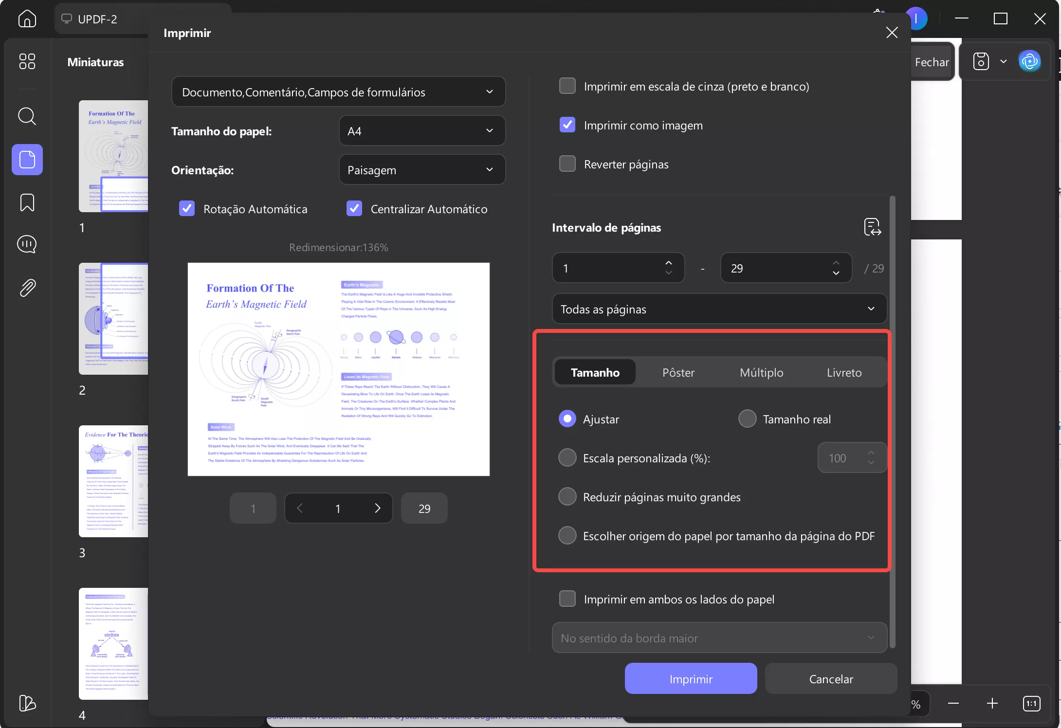 imprimir pdfs tamanho