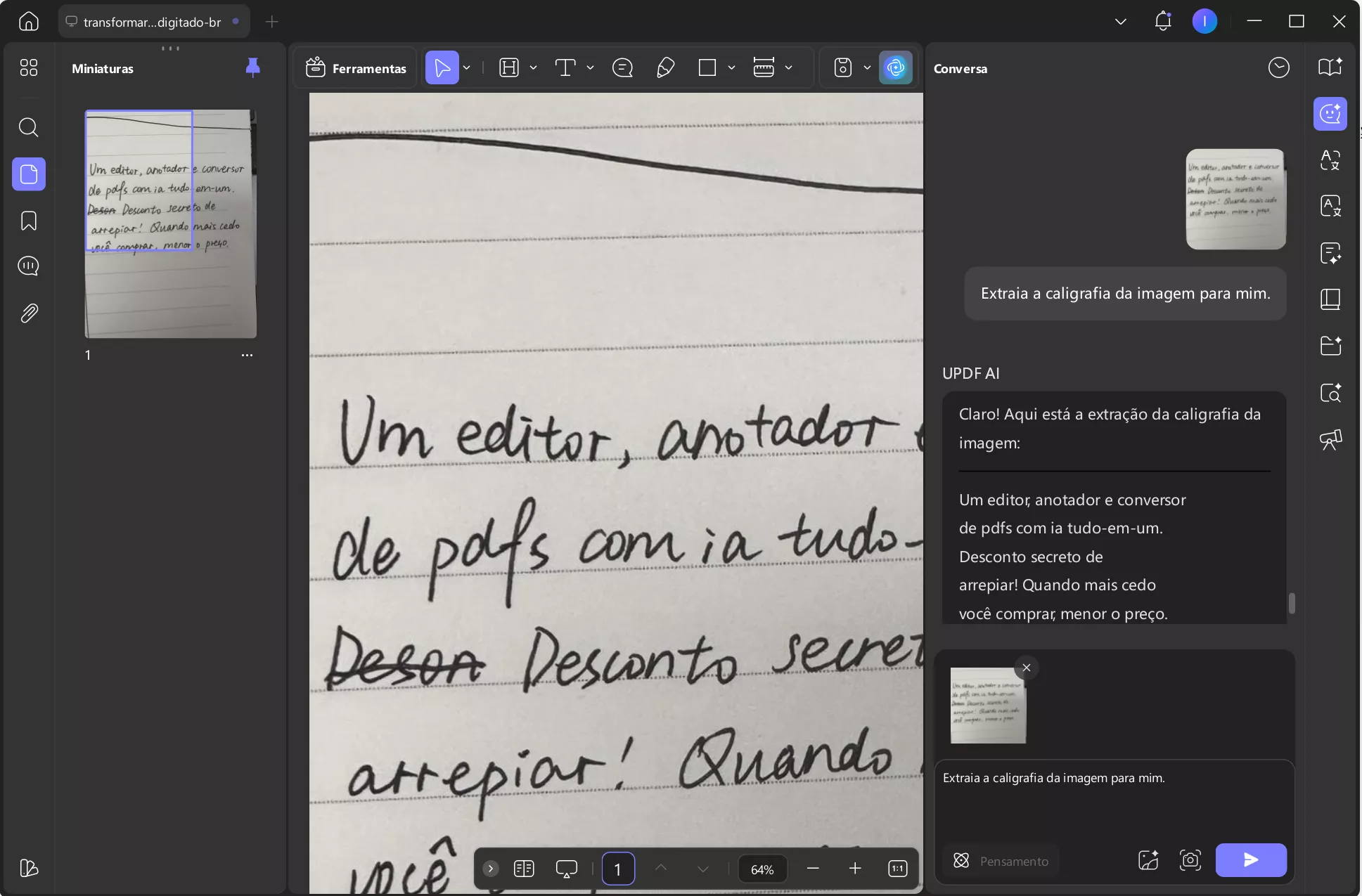transformar texto escrito à mão em digitado