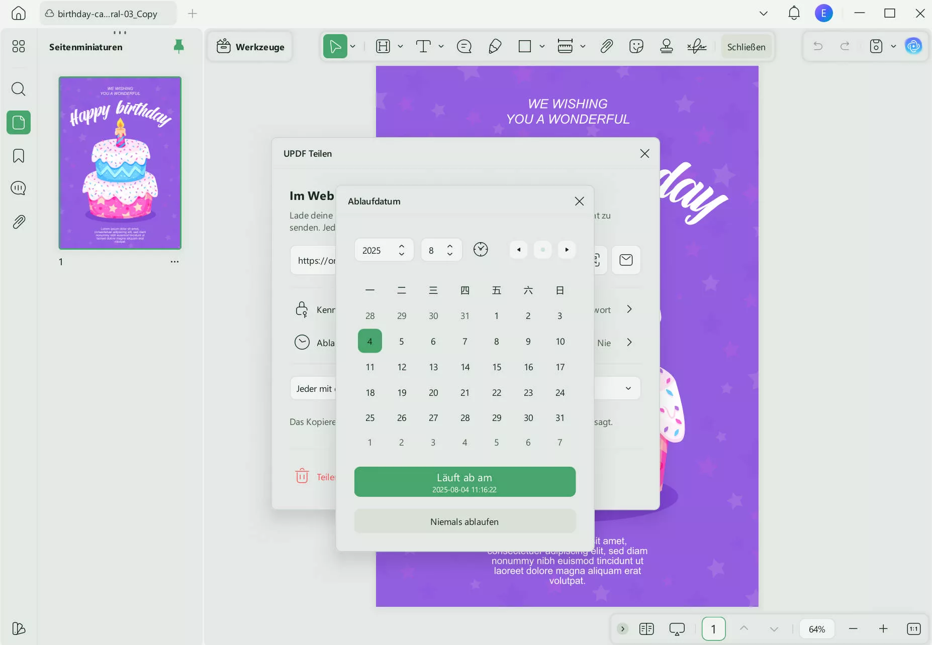 Ablaufdatum des Links einstellen