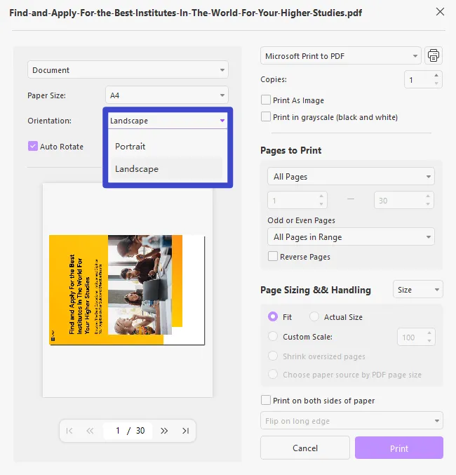 obracanie pliku PDF podczas drukowania