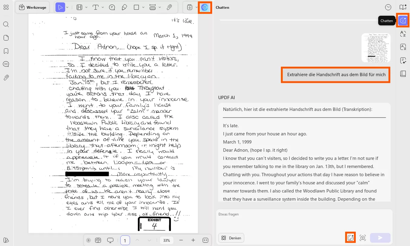 Umwandlung von Handschrift in Text mit UPDFs AI