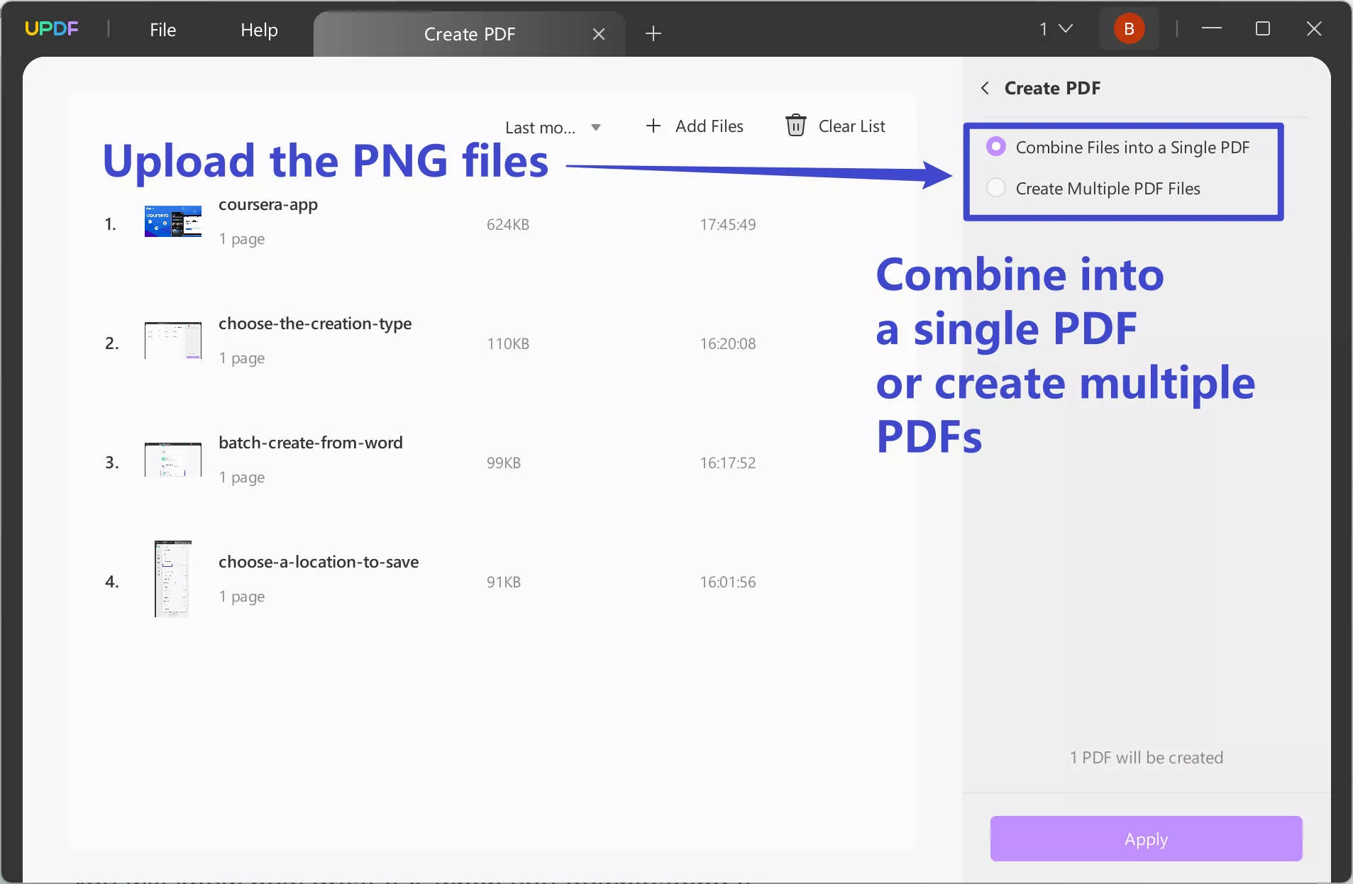 Batch convert PNG to PDFs using UPDF