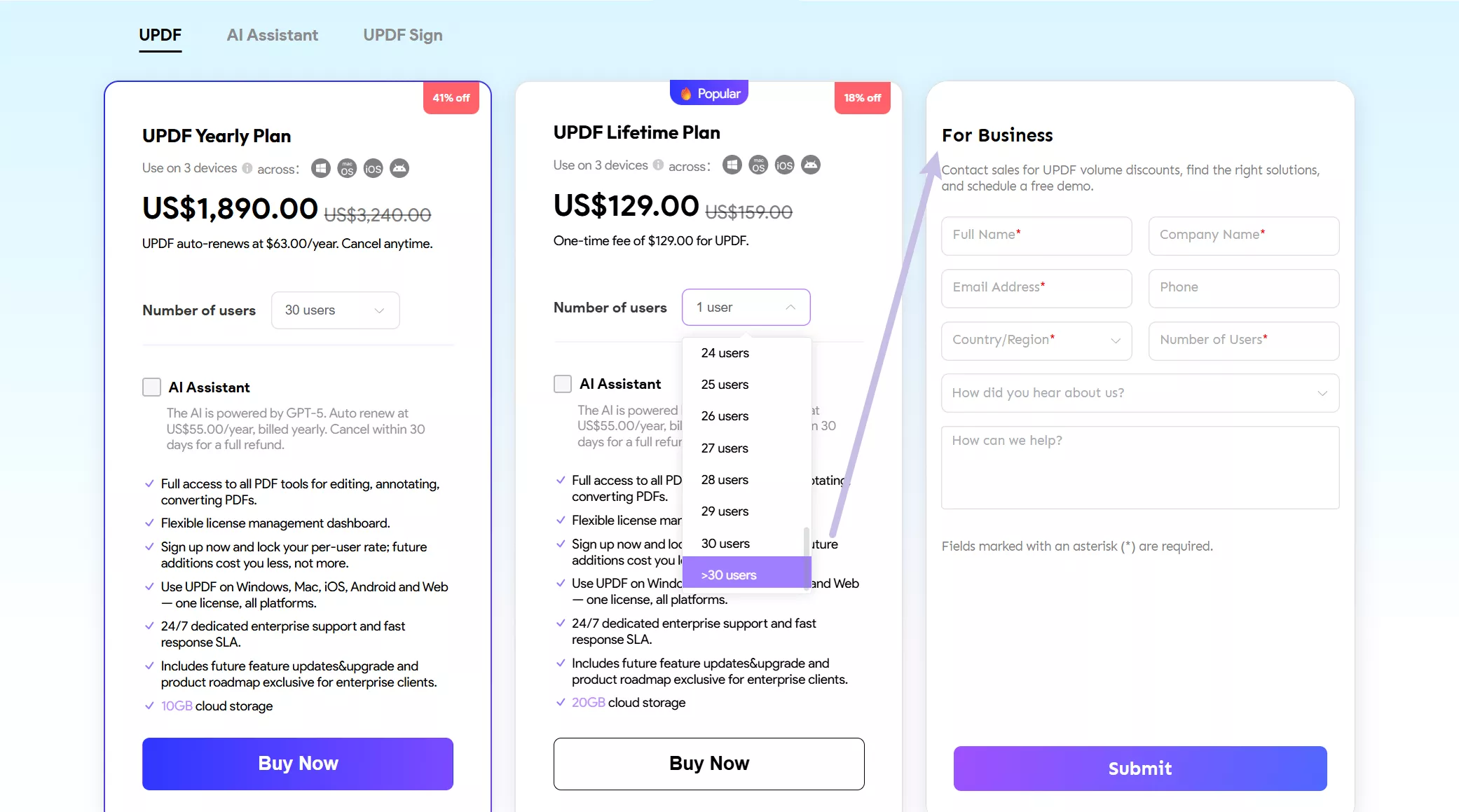 contact sales for business plan