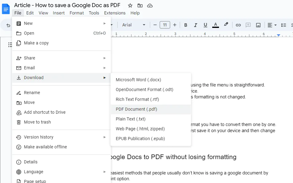 télécharger google doc en pdf en utilisant l'option fichier