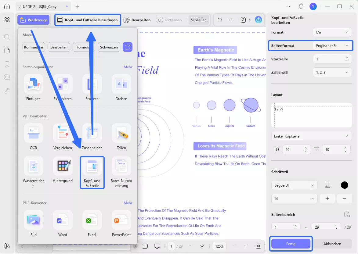 Wählen Sie den Sprachstil für die Kopf- und Fußzeile in UPDF