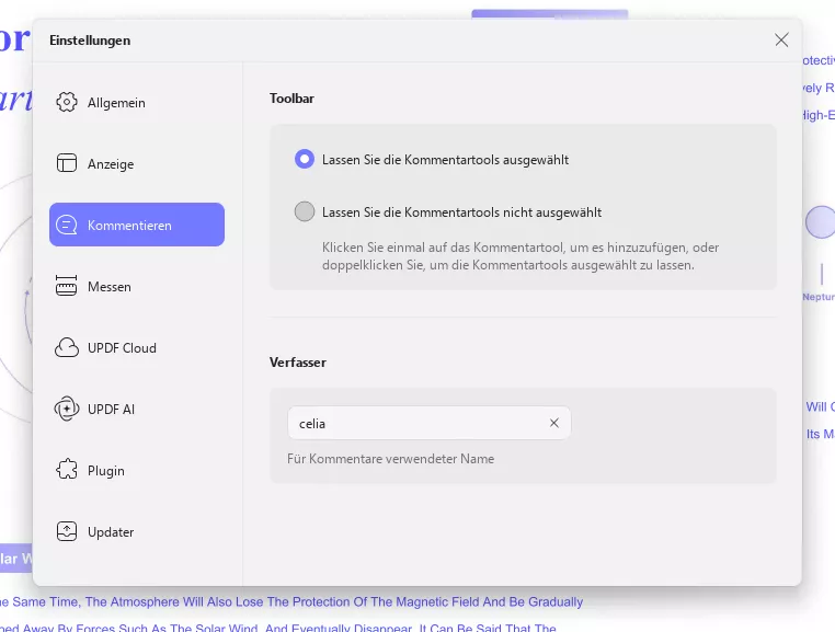 Lassen Sie die Kommentartools ausgewählt