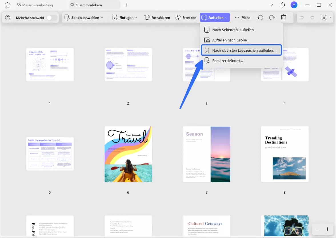 Nach obersten Lesezeichen aufteilen