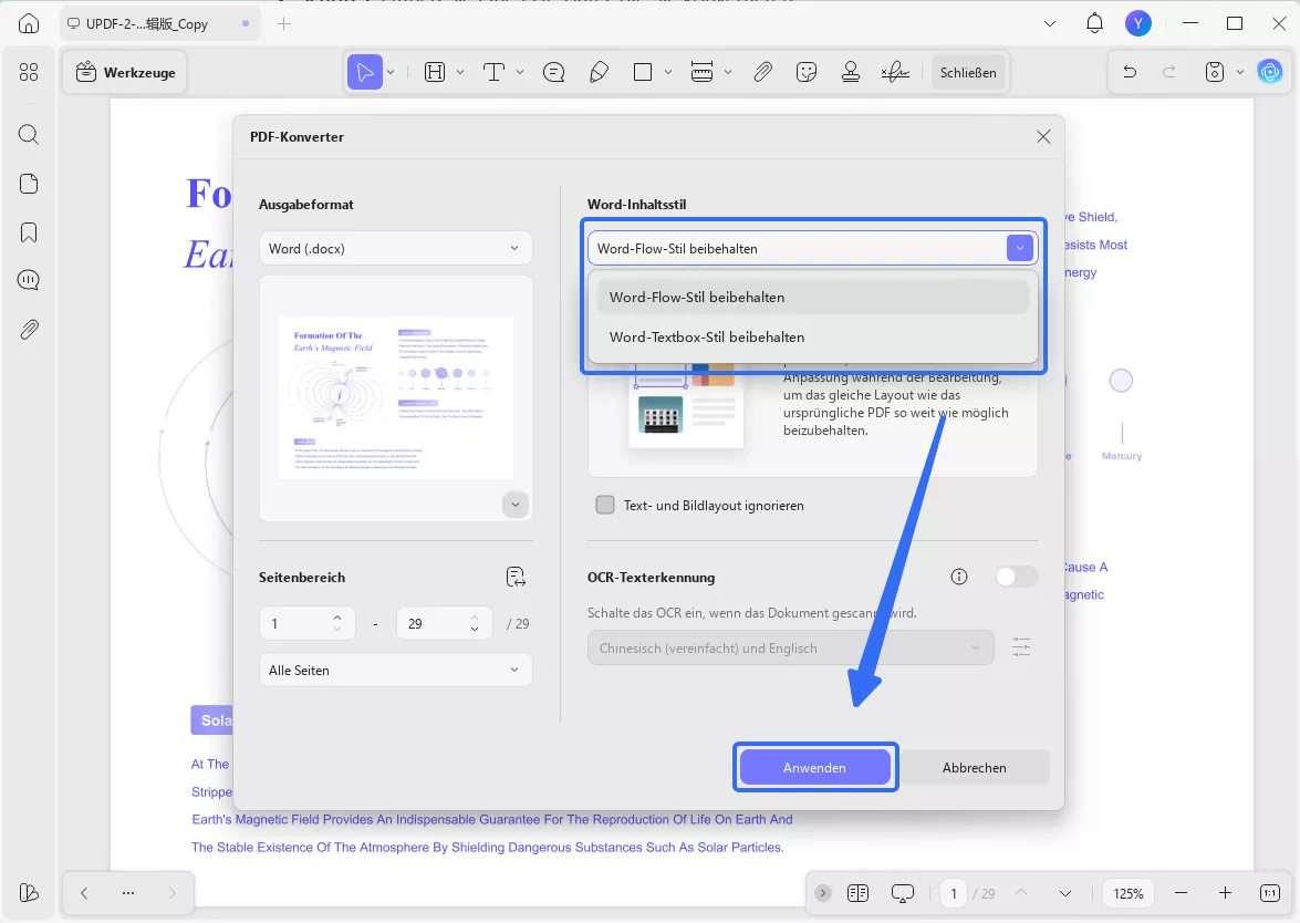 Layout-Einstellungen bei der Konvertierung von PDF in Word mit UPDF unter Windows
