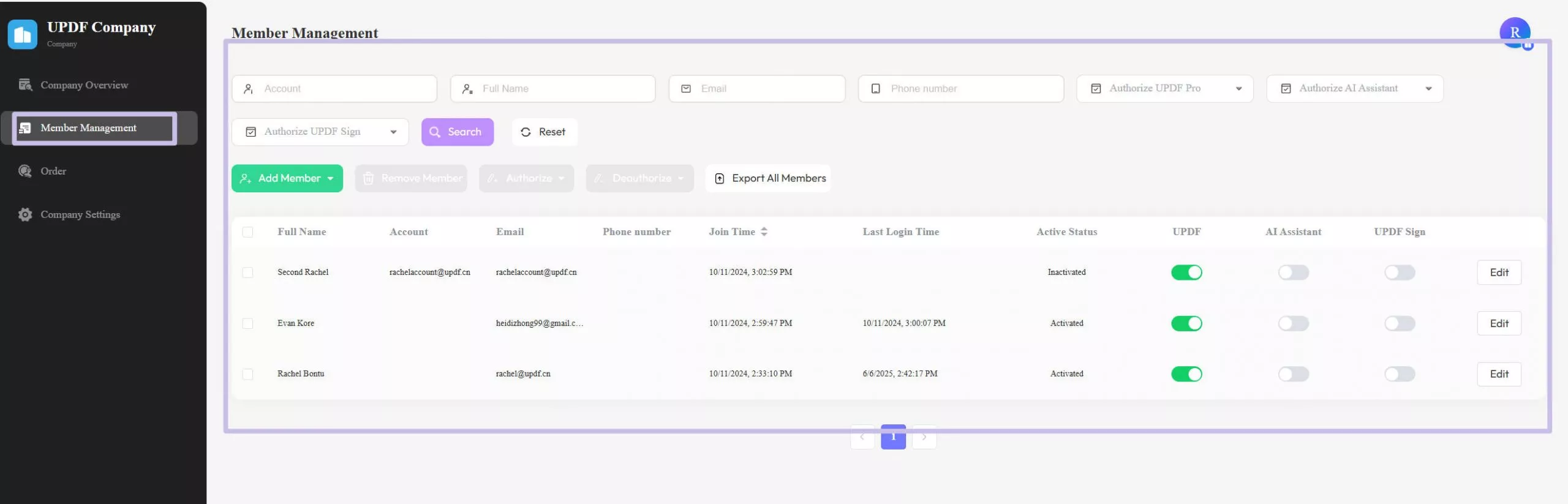 Manage menber in UPDF Enterprise Dashboard
