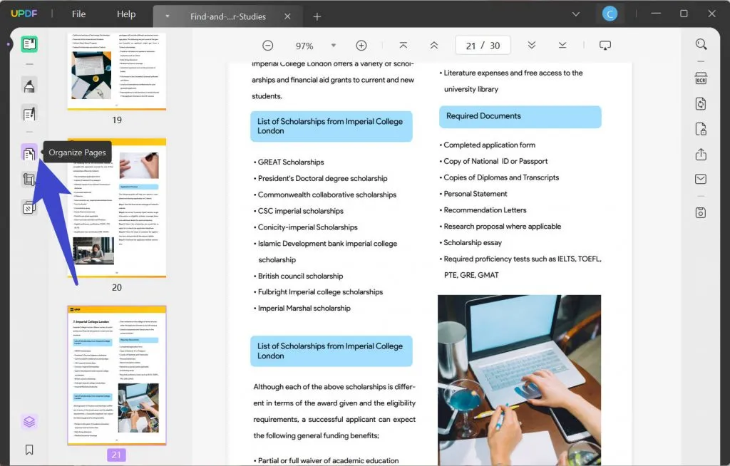 Click on "Organize pages" to Combine PDF Files Into One PDF Via Inserting Pages using UPDF