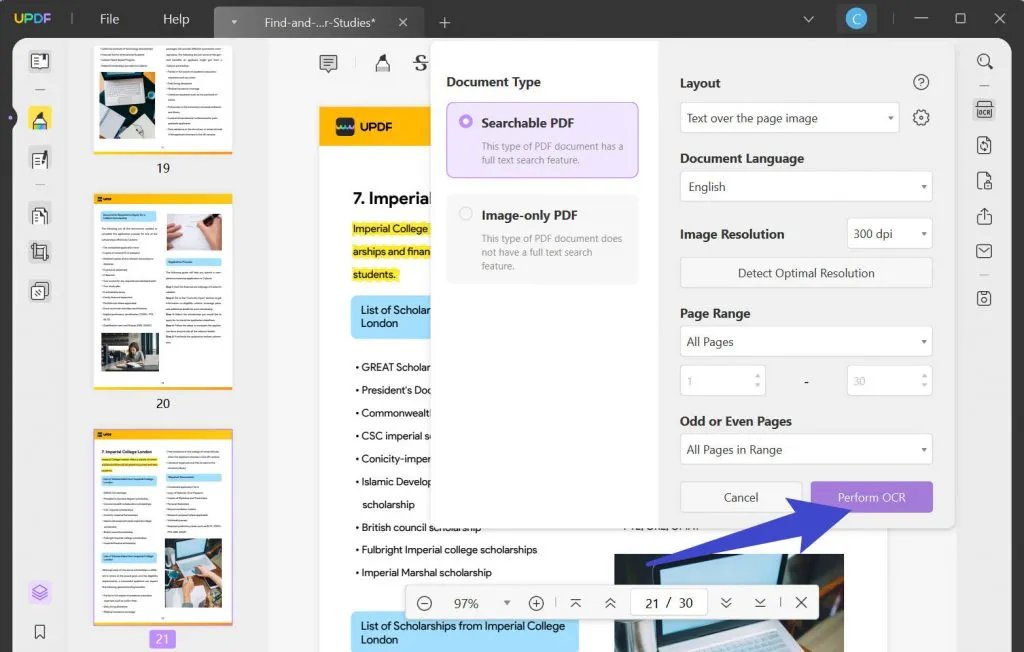 perform ocr bluebeam make pdf searchable