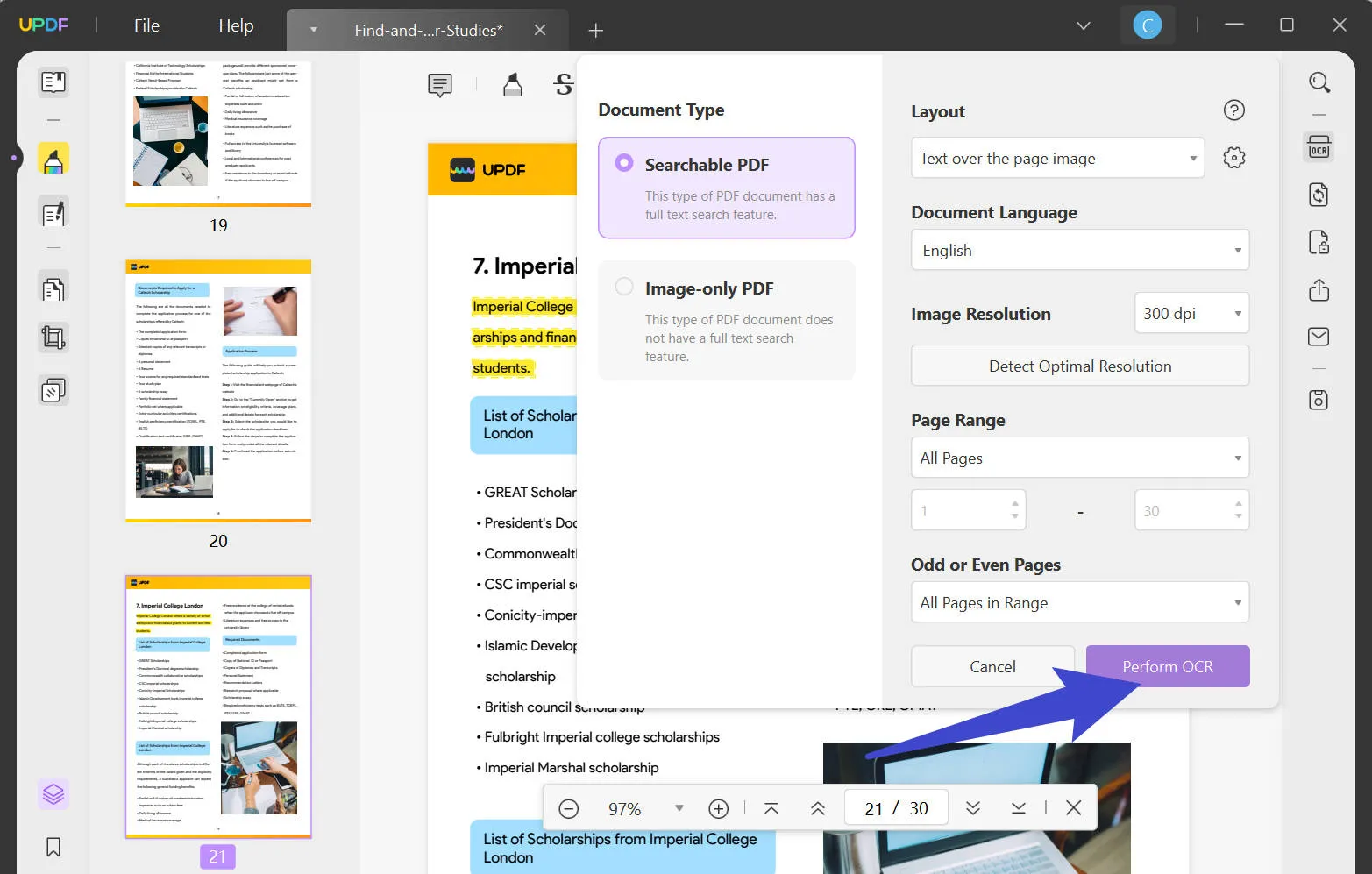 eseguire ocr bluebeam rendere il pdf ricercabile