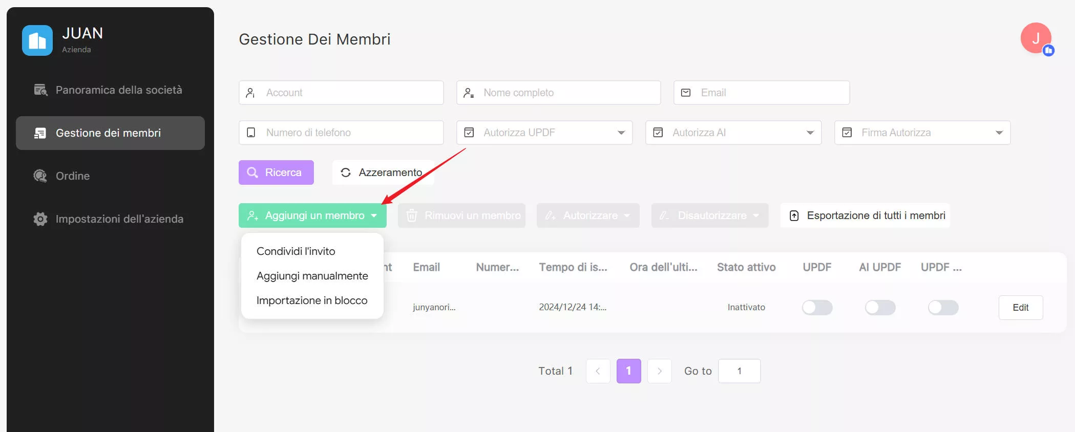 Gestione dei membri e autorizzazione delle licenze