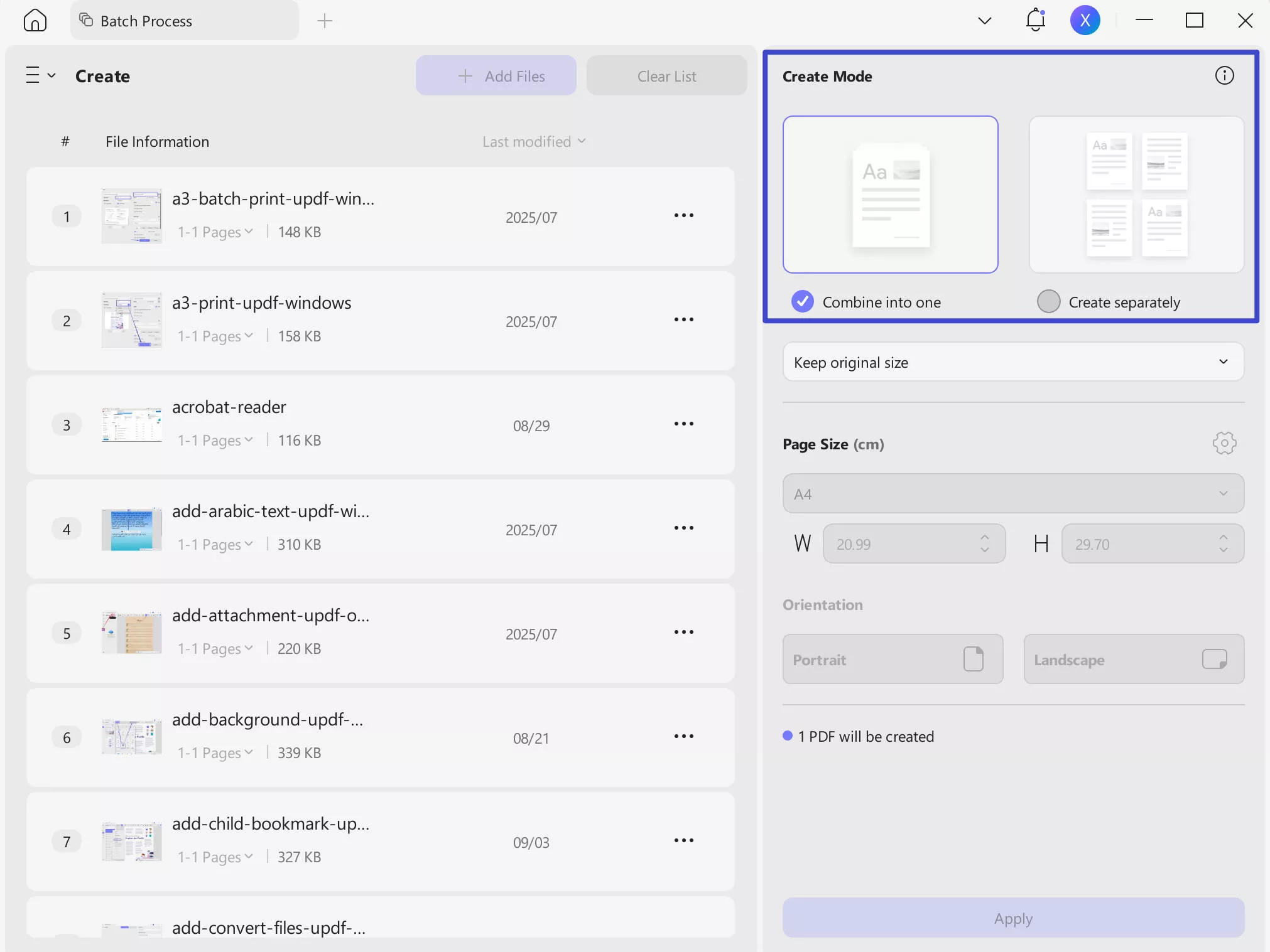add files and create one pdf