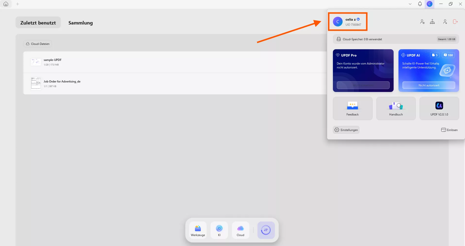 updf-Unternehmenskonto anmelden