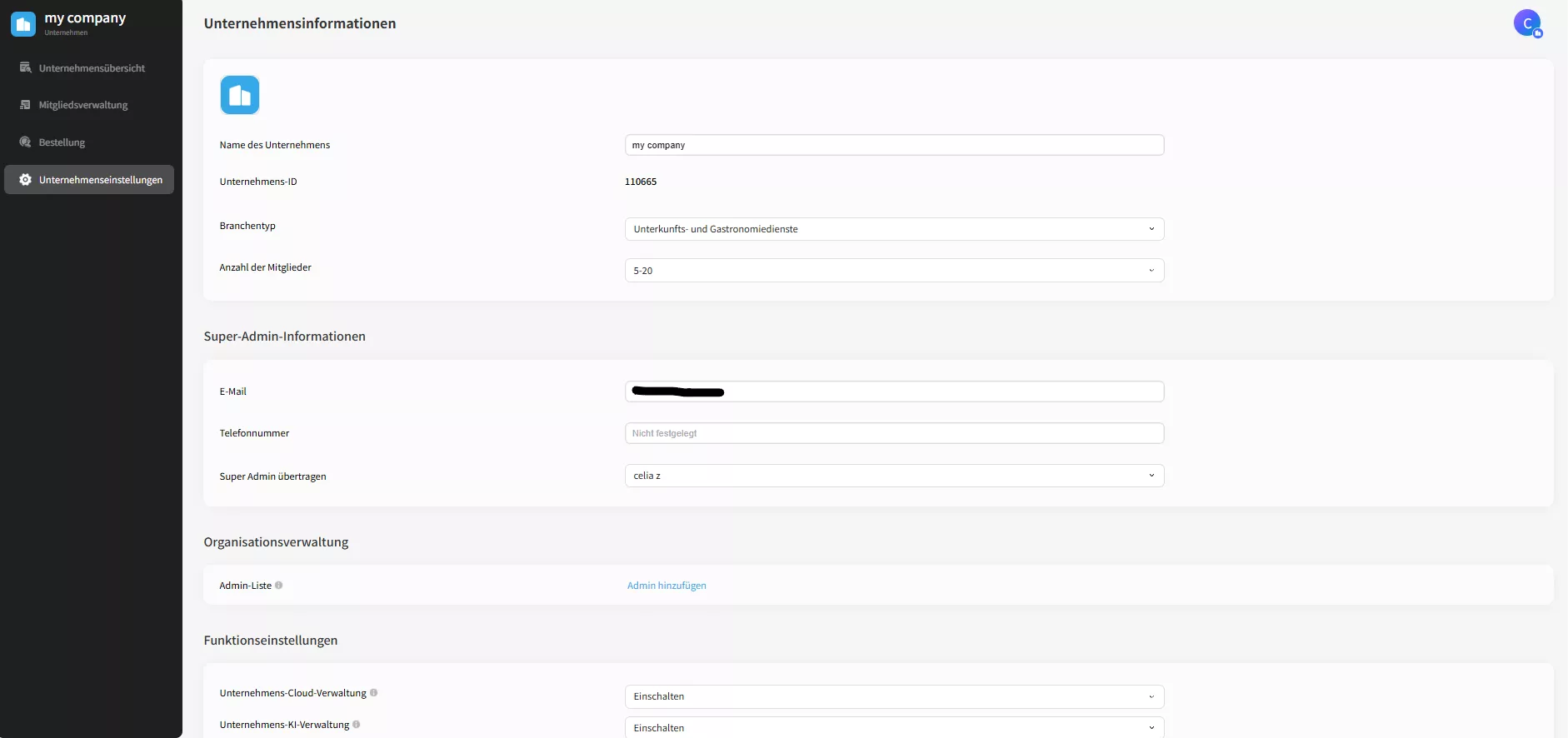 Unternehmenseinstellungen