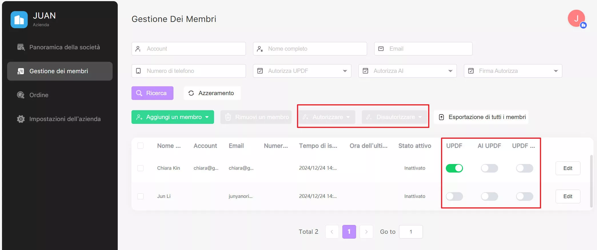 Gestione dei membri e autorizzazione delle licenze