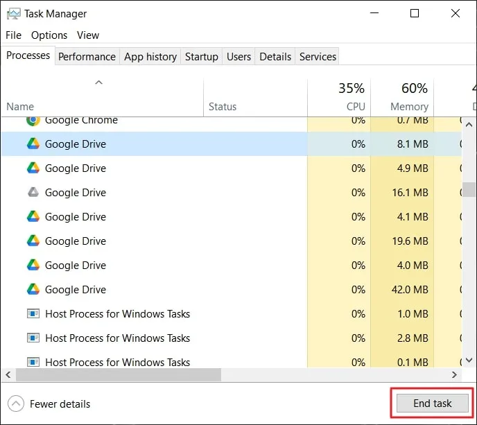 press the end task button google drive stopped syncing