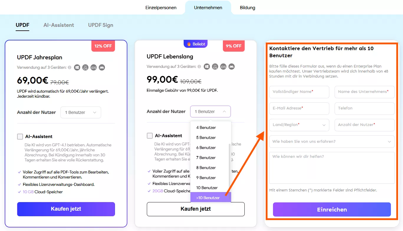 mehr als 10 Benutzern wenden Sie sich bitte an den Vertrieb