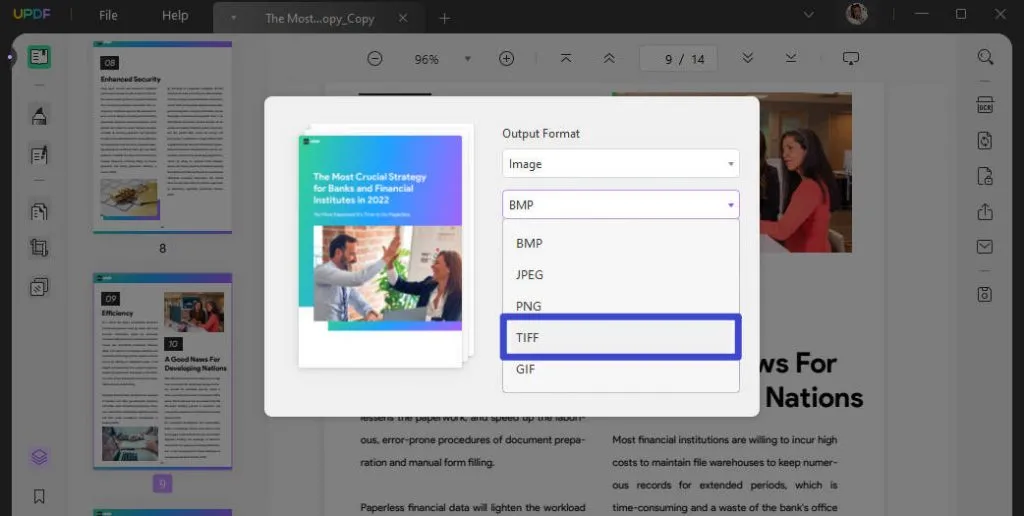 Export PDF to tiff using UPDF.