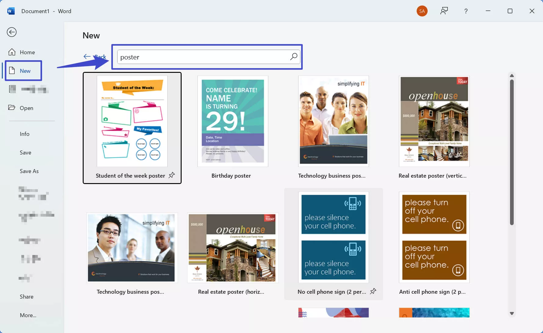 use the built in poster template word