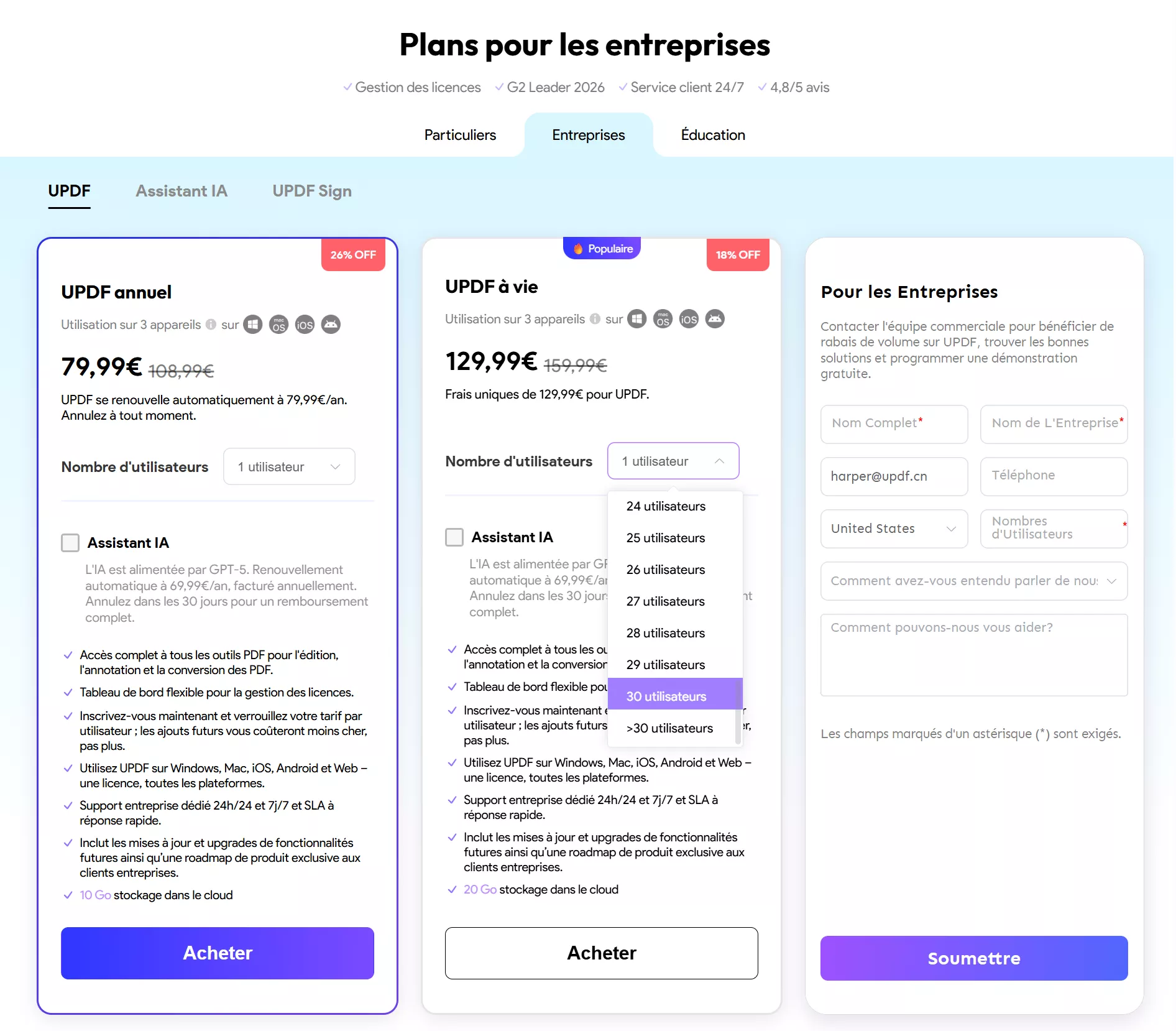 Plus de 30 utilisateurs pour le plan Entreprise