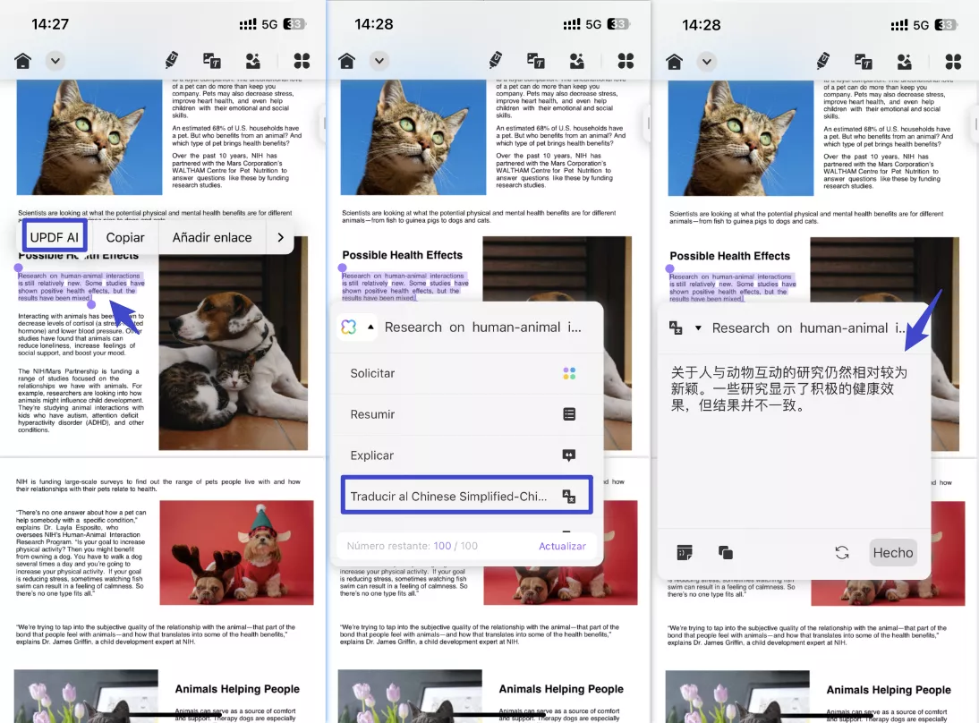 updf ai para traducción de texto seleccionado
