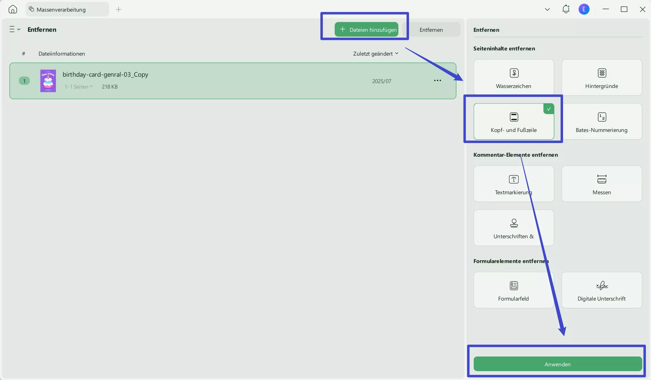 Kopf- und Fußzeile in Batch-UPDF-Fenstern entfernen