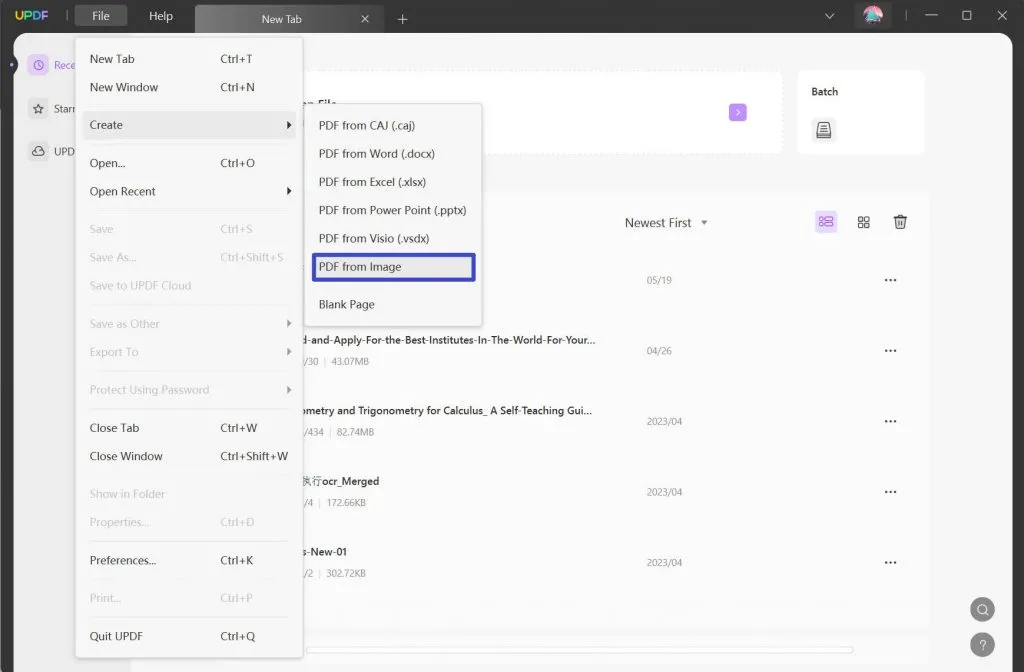 Open UPDF and click file to create from image