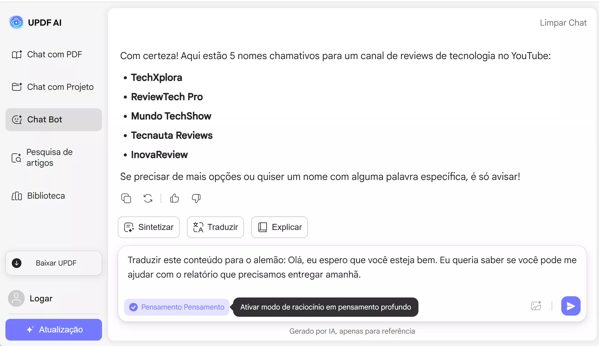 Habilitar deepthink no UPDF AI Online