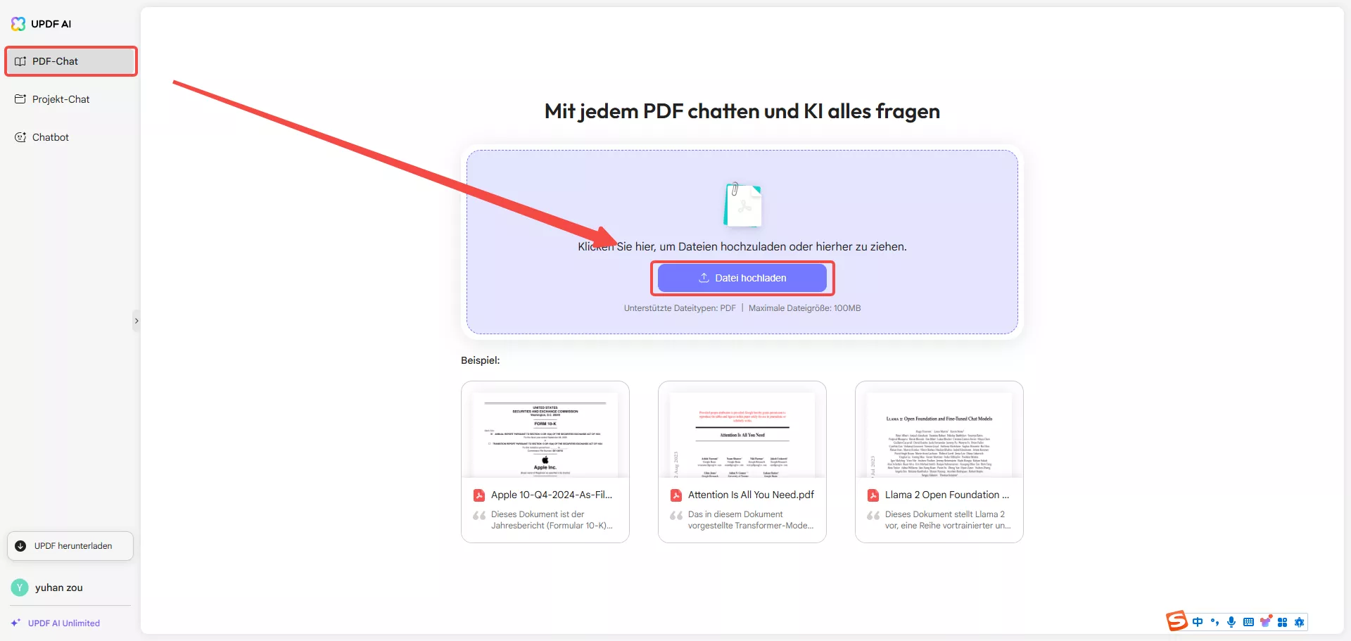 Laden Sie die Datei in das Chat-PDF hoch