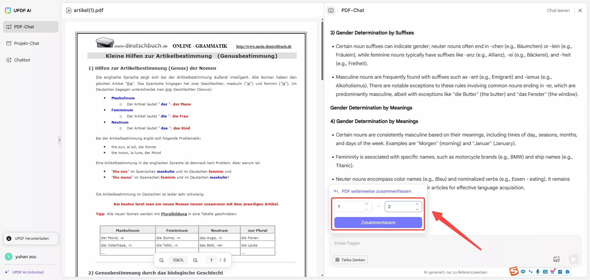 Seitenbereich festlegen und auf „Zusammenfassen“ klicken