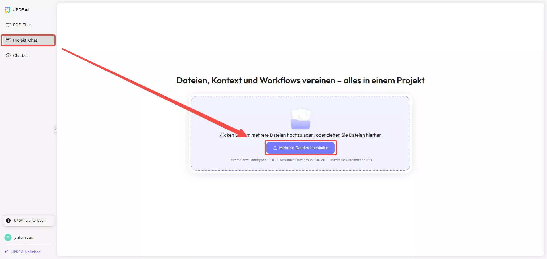 mehrere Dateien hochladen Chat-Projekt