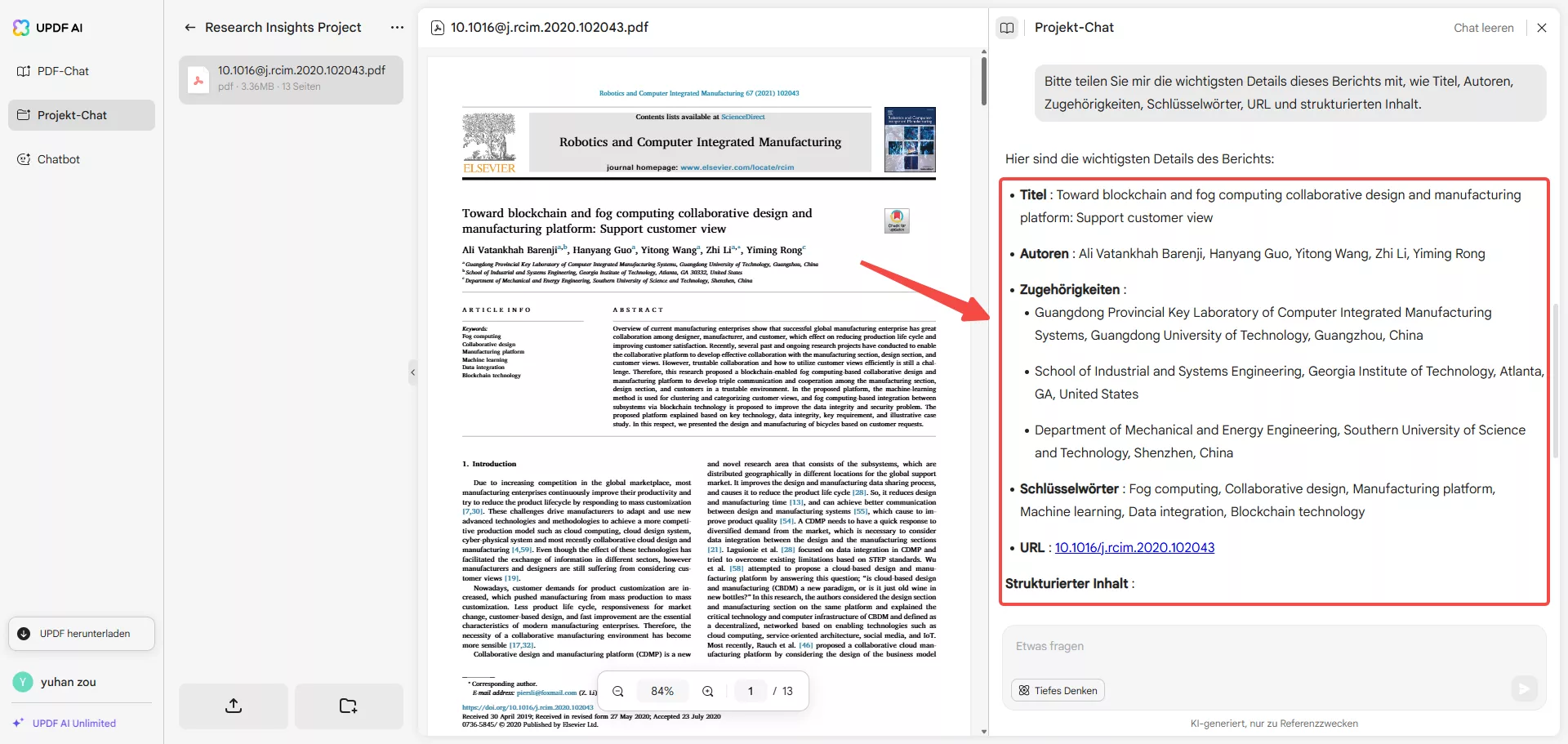Zusammenfassungen generierter Recherchen und Standard-PDFs