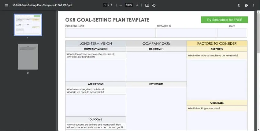 قالب تحديد أهداف OKR في ملف PDF