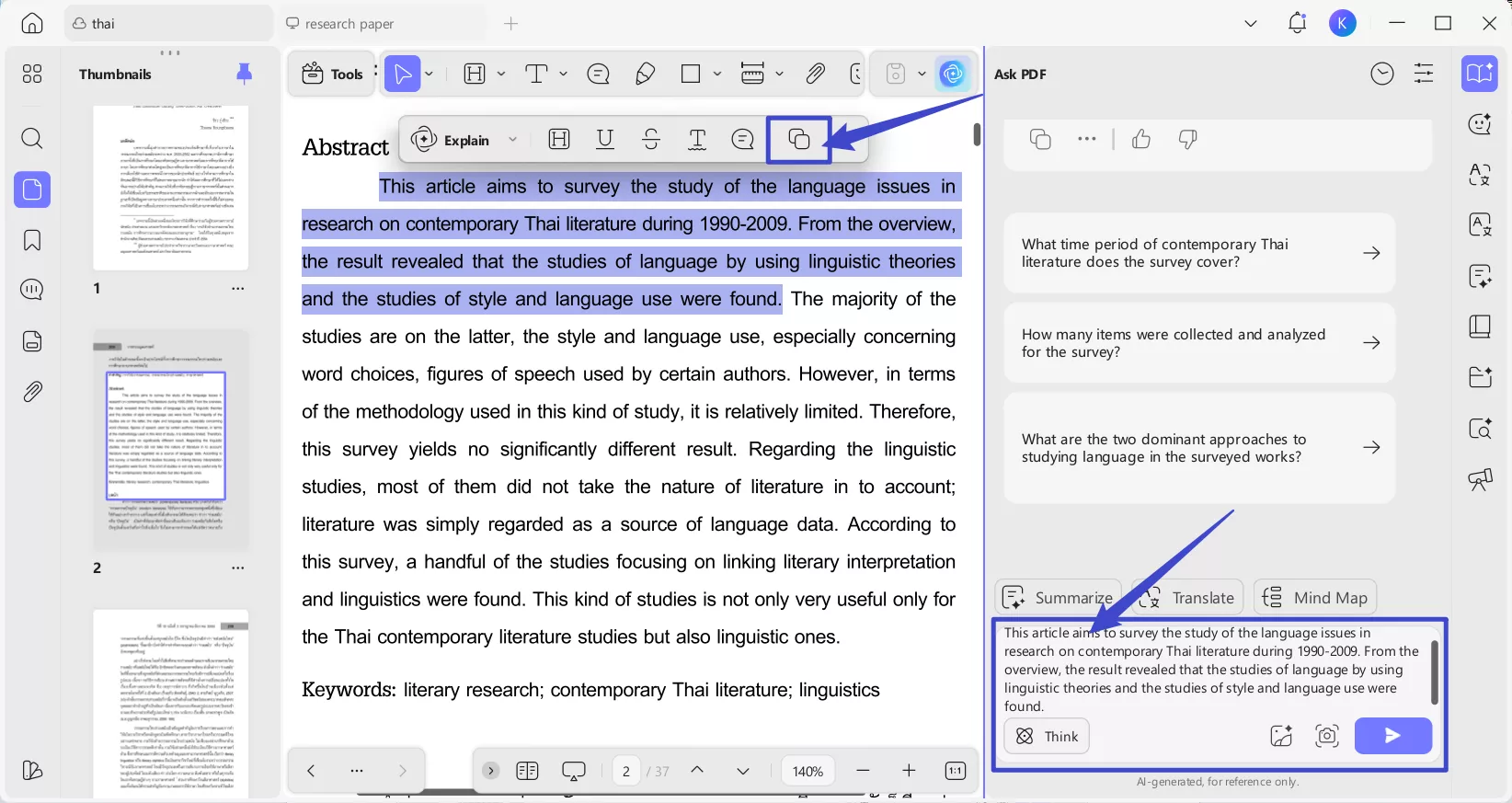 paste the text in ask something box