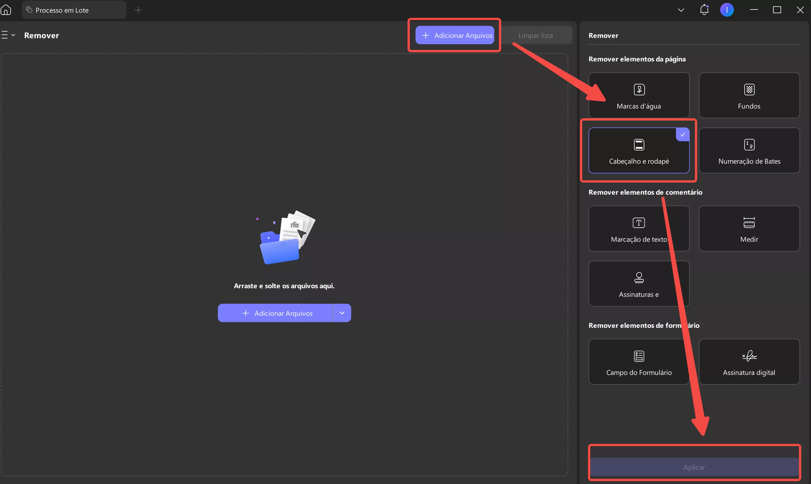 cabeçalho e rodapé em ferramenta de remover