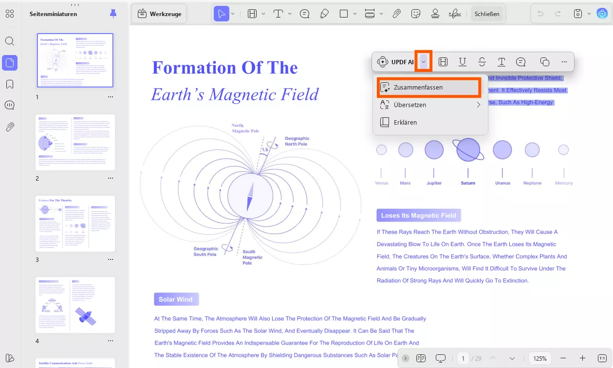 Markieren Sie den Text und wählen Sie die Option "Zusammenfassen".